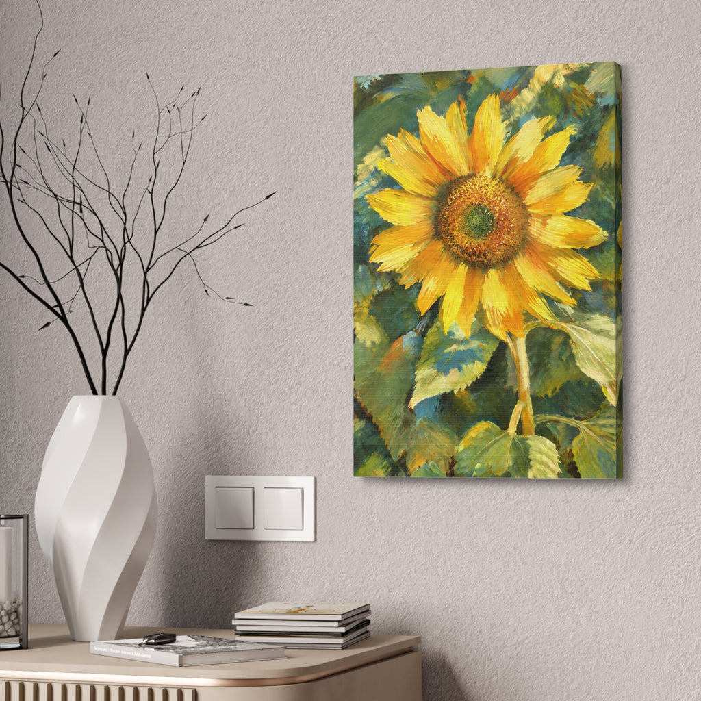 Sunward sunflower canvas hanging on a textured wall beside a white vase of branches above a wood cabinet.