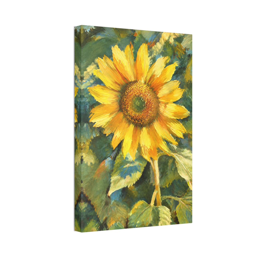 Angled view of Sunward canvas showing golden sunflower petals, green leaves, and the wrapped side.