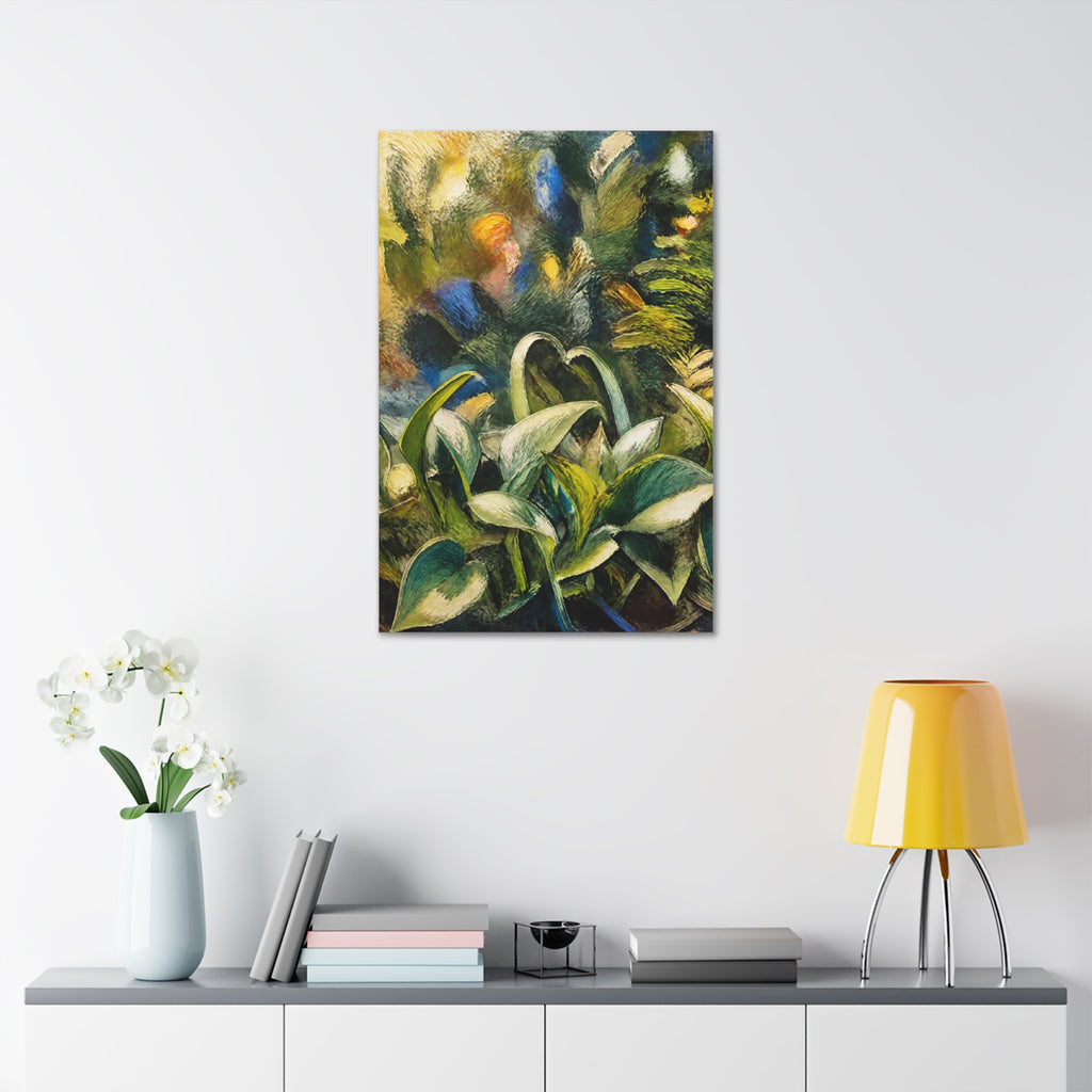 Tangled Leaves canvas above a cabinet styled with white orchids, books, and a yellow lamp.