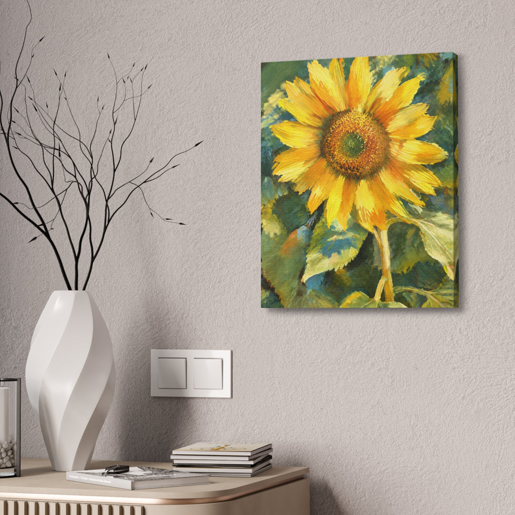  Wider Sunward sunflower canvas on a textured wall beside a white branch-filled vase and wood cabinet.
