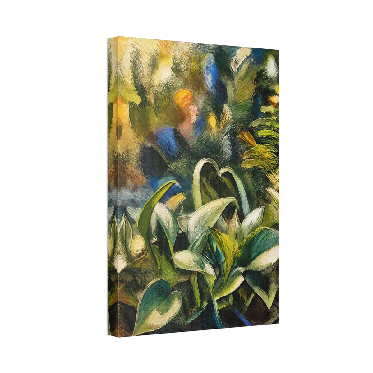 Angled view of Tangled Leaves botanical canvas showing the artwork wrapping around the left edge.