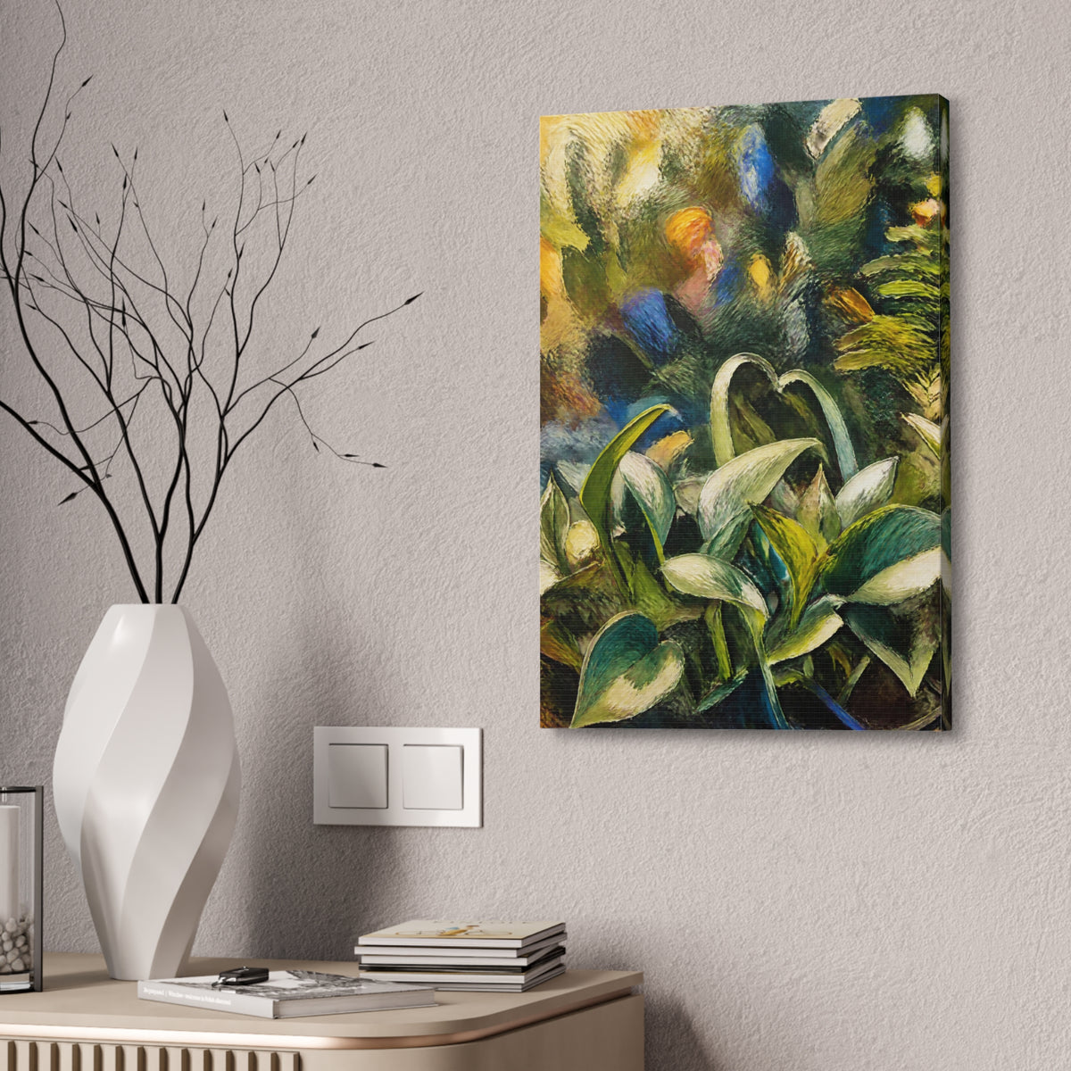 Tangled Leaves botanical canvas on a textured wall beside a white vase of branches and a wood cabinet.