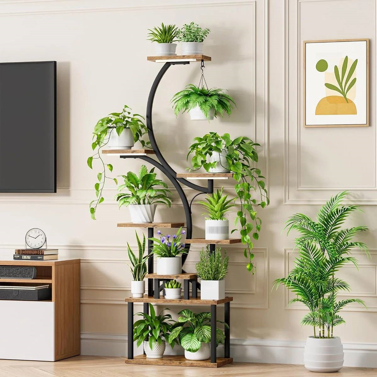 S-Curve Plant Stand with Grow Lights — 8-Tier Black Metal & Wood