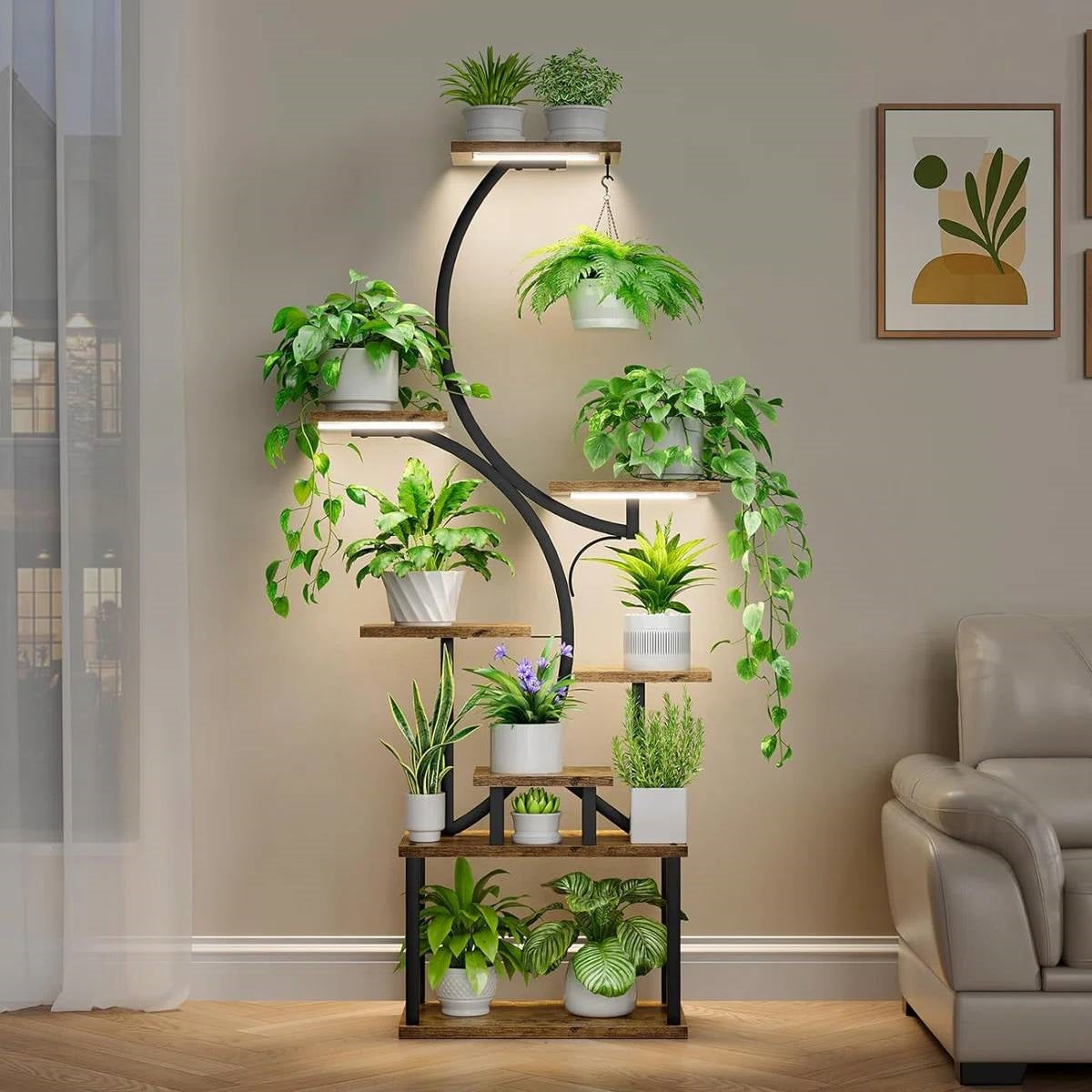 S-Curve Plant Stand with Grow Lights — 8-Tier Black Metal & Wood