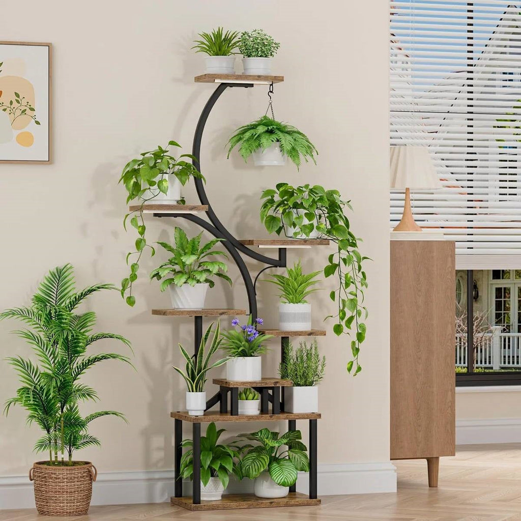 S-Curve Plant Stand with Grow Lights — 8-Tier Black Metal & Wood