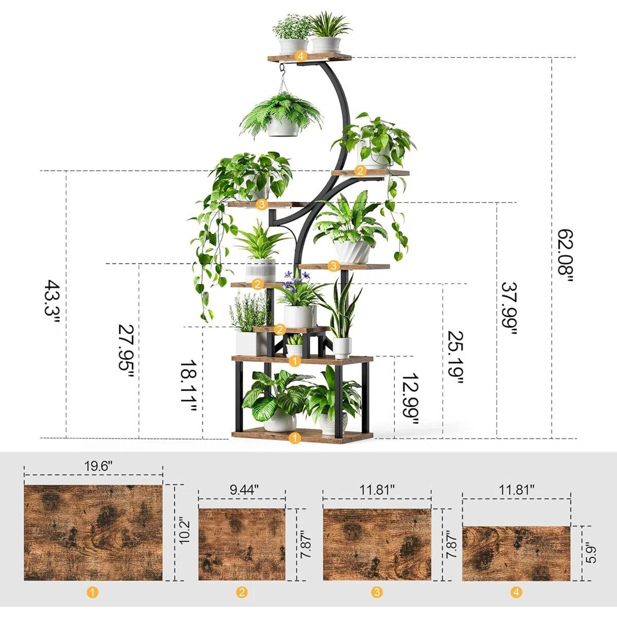 S-Curve Plant Stand with Grow Lights — 8-Tier Black Metal & Wood