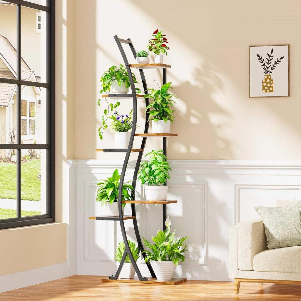 S-Curve Plant Stand with Grow Lights — 7-Tier White Metal & Wood, 63"