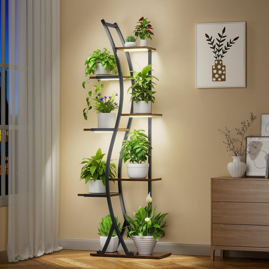 S-Curve Plant Stand with Grow Lights — 7-Tier White Metal & Wood, 63"