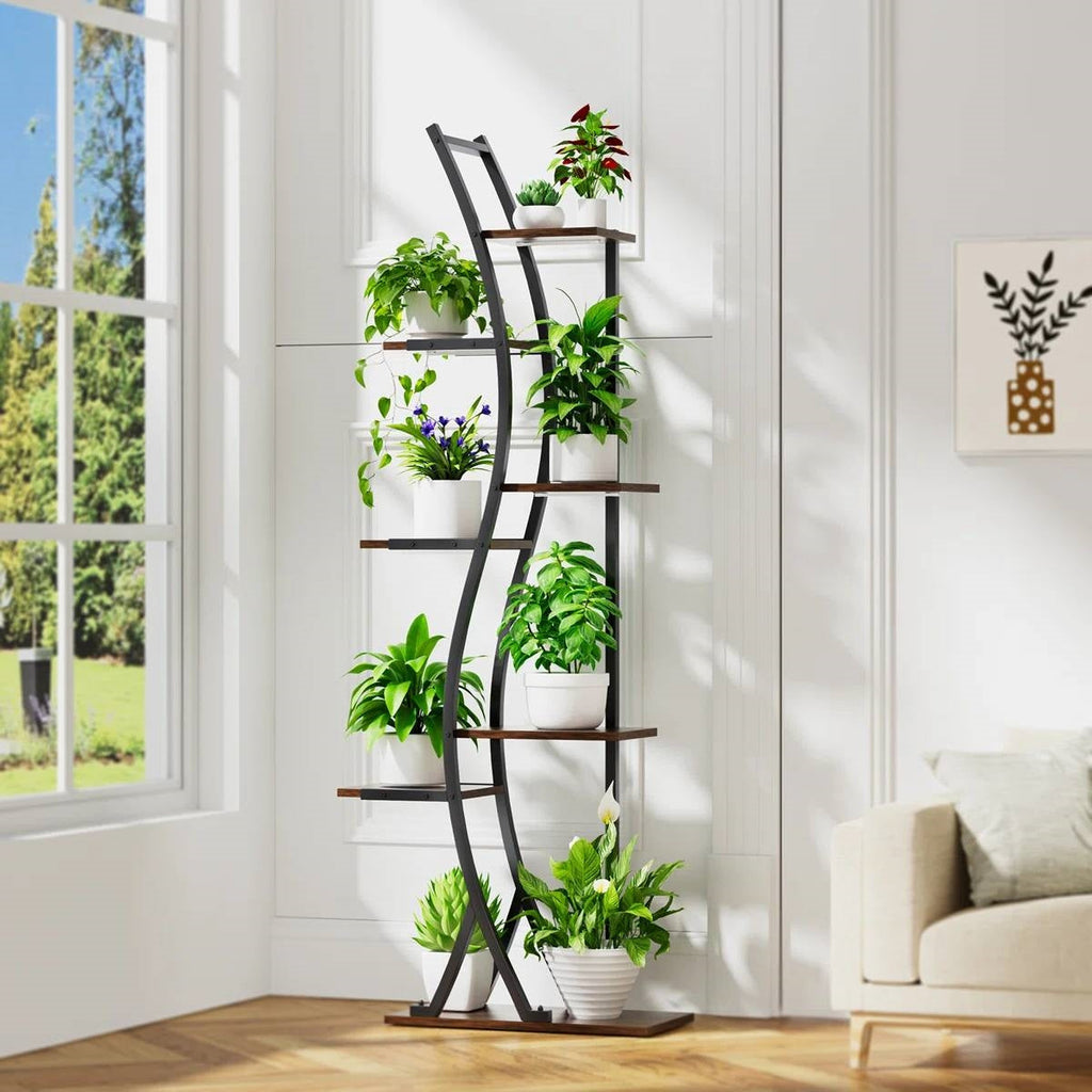 S-Curve Plant Stand with Grow Lights — 7-Tier White Metal & Wood, 63"