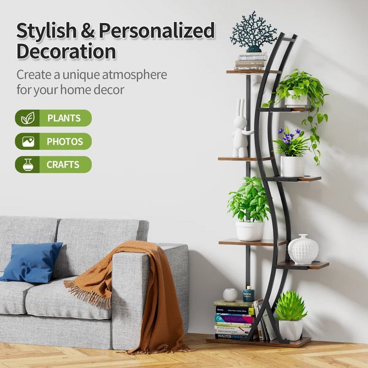 S-Curve Plant Stand with Grow Lights — 7-Tier White Metal & Wood, 63"