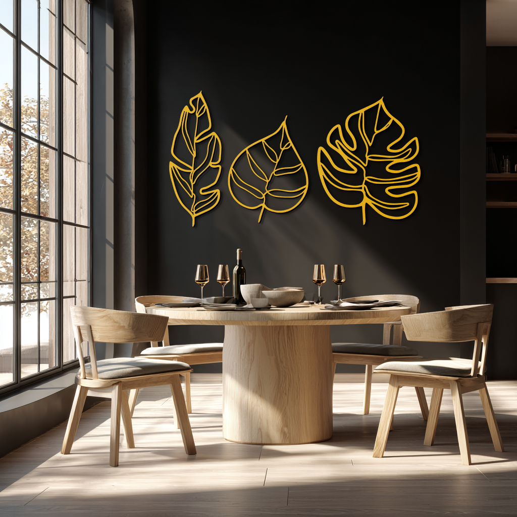 Geometric Leaf Trio Wall Art; Earthy Botanical Wall Decor for Curated Indoor Spaces