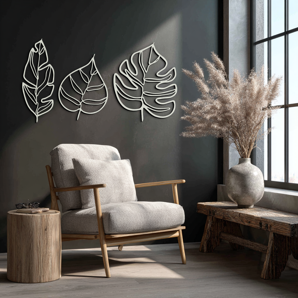 Geometric Leaf Trio Wall Art; Earthy Botanical Wall Decor for Curated Indoor Spaces