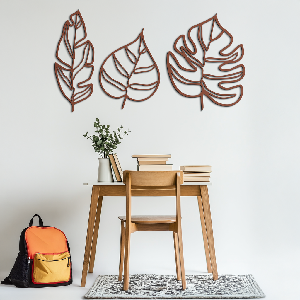 Geometric Leaf Trio Wall Art; Earthy Botanical Wall Decor for Curated Indoor Spaces