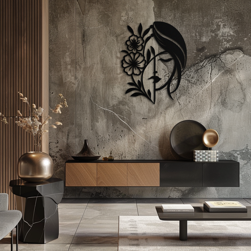 Botanical Woman Silhouette Metal Wall Art – Matte Black Floral Home Decor
