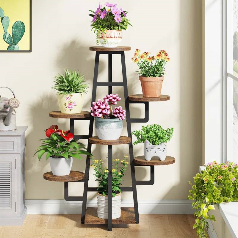 Multi-Tier Plant Stand — 7-Tier Black Metal & Wood, 43"