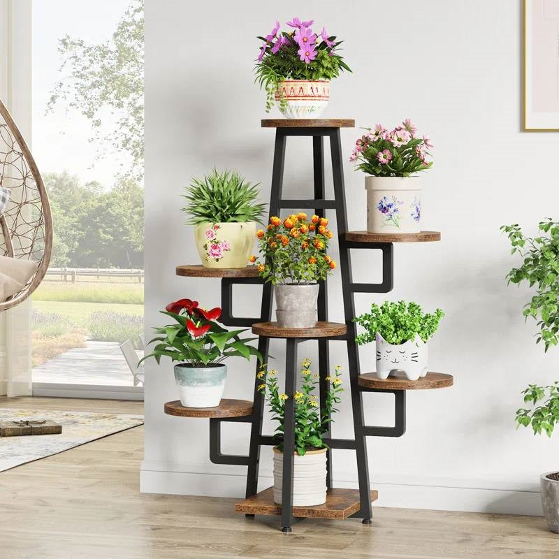 Multi-Tier Plant Stand — 7-Tier Black Metal & Wood, 43"