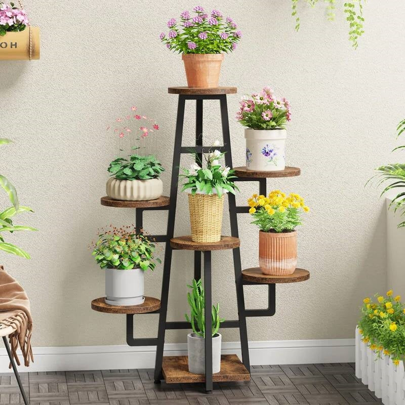 Multi-Tier Plant Stand — 7-Tier Black Metal & Wood, 43"