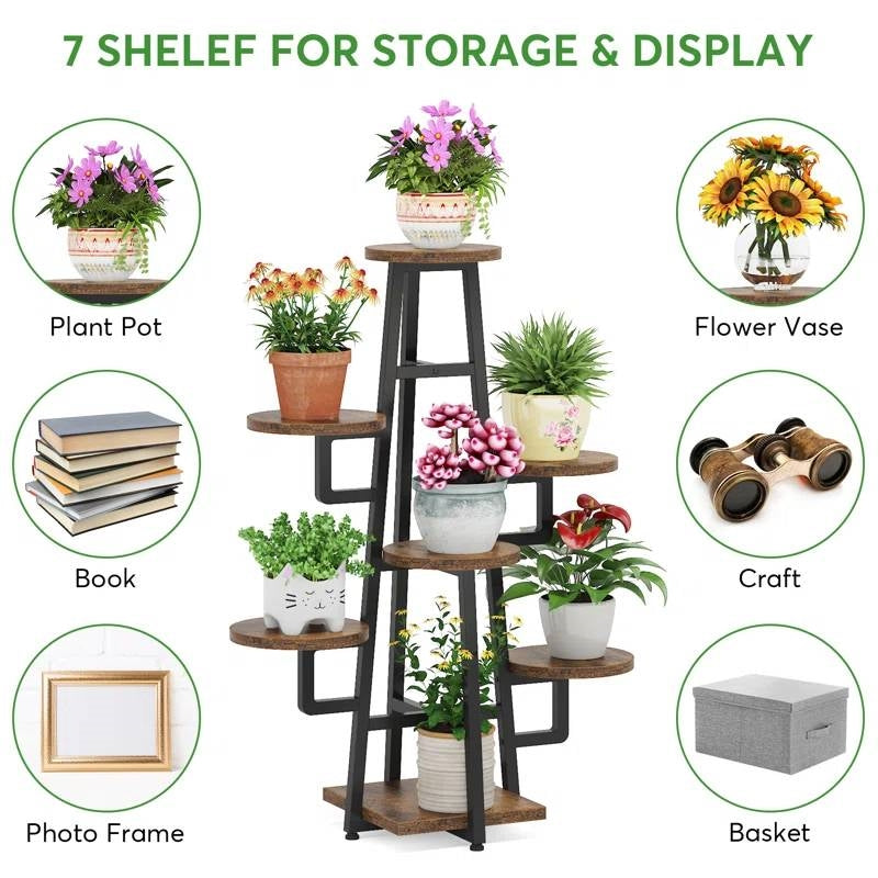 Multi-Tier Plant Stand — 7-Tier Black Metal & Wood, 43"