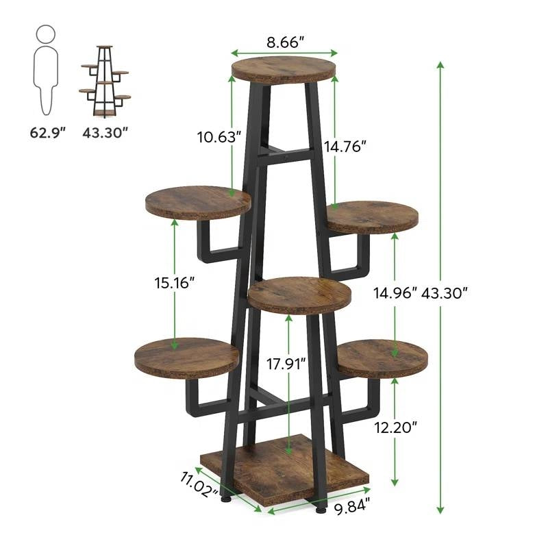 Multi-Tier Plant Stand — 7-Tier Black Metal & Wood, 43"
