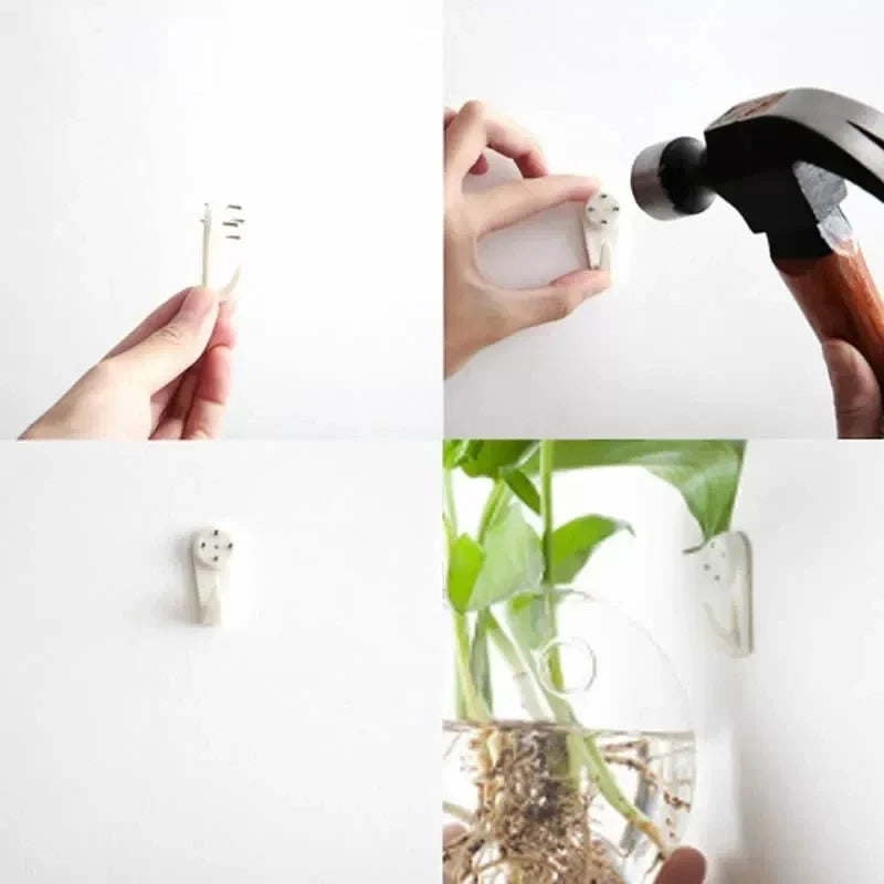 Collage of a hand holding a white light bulb, a hammer hitting a white object, and a plant in a glass container with a white wall background.