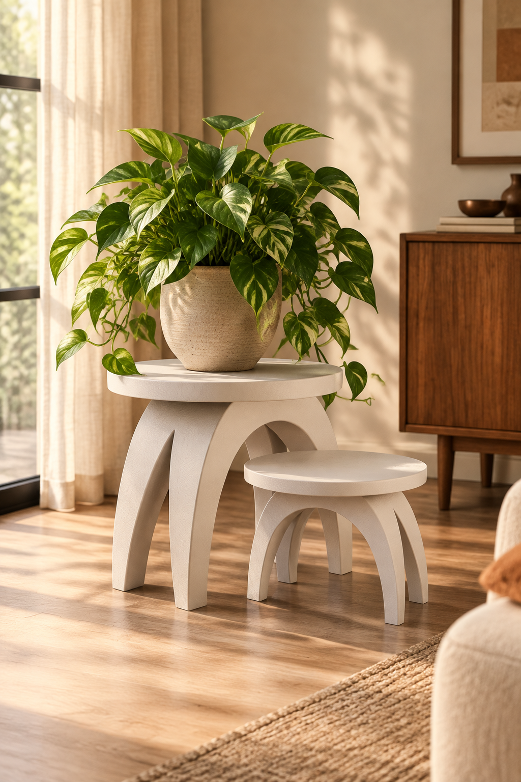 ARC Plant Stand styled with a lush indoor plant