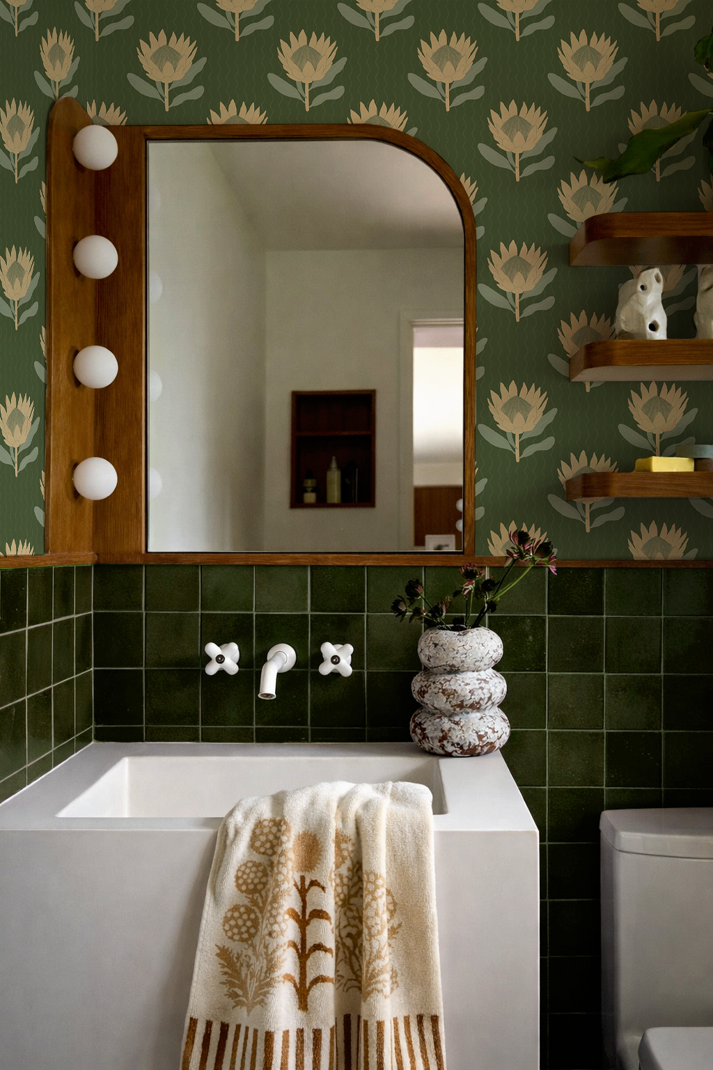 King Protea Wallpaper, forest green and butter yellow