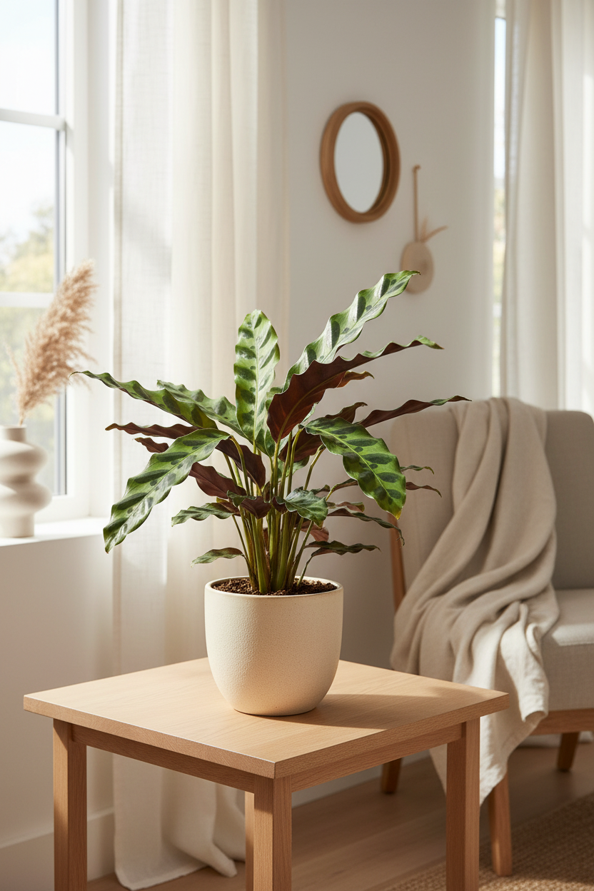 Calathea Lancifolia Rattlesnake plant with wavy spotted dark green leaves and purple-red undersides in a cream ceramic pot on a light oak surface beside a sunlit window with soft natural light