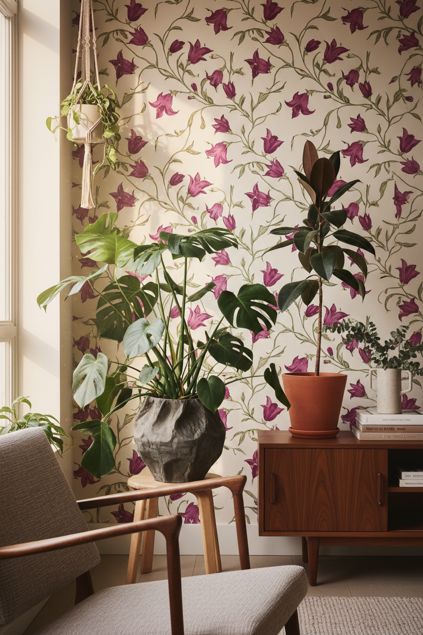 Campanas botanical wallpaper in cream with trailing magenta campanula bell flowers styled with a lush monstera plant in a warm curated interior