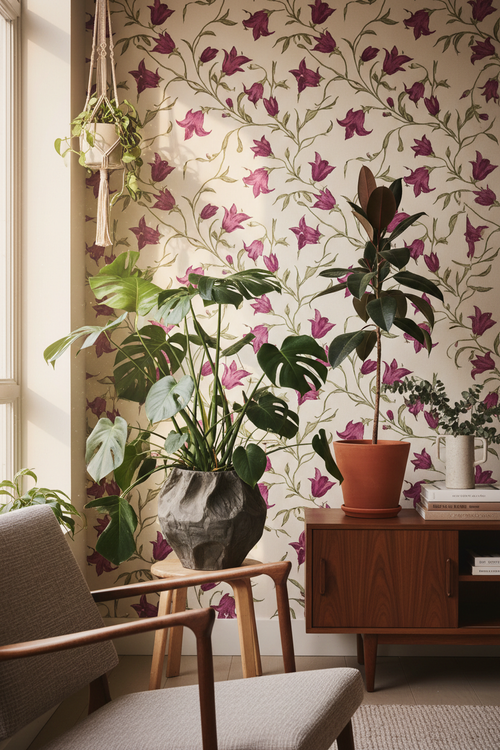 Campanas botanical wallpaper in cream with trailing magenta campanula bell flowers styled with a lush monstera plant in a warm curated interior