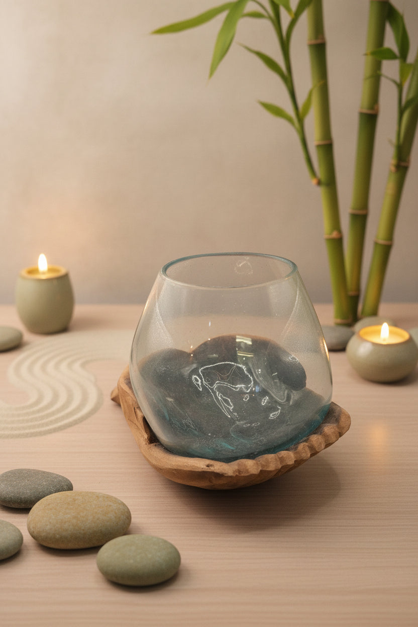 Glass container with pebbles on a wooden surface with candles and bamboo in the background