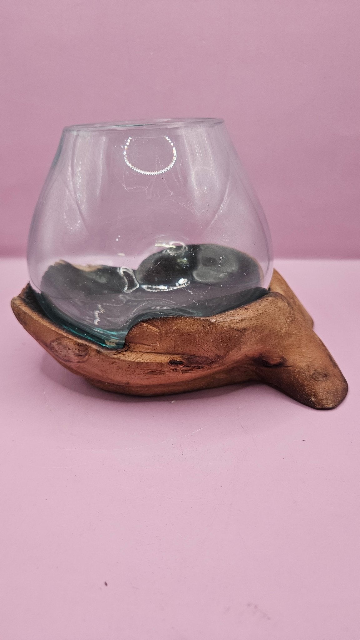 Glass container with wooden base on a pink background