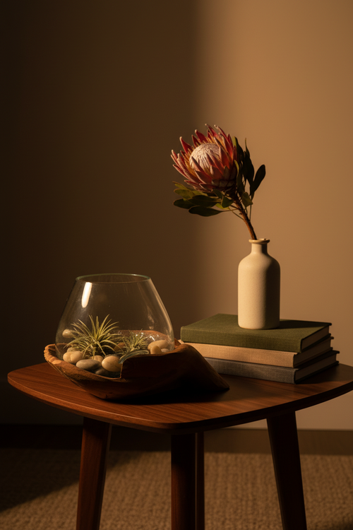 Carved wooden hands terrarium with hand-blown glass globe and air plants styled on a dark walnut table with linen books and dried protea — sculptural botanical gift