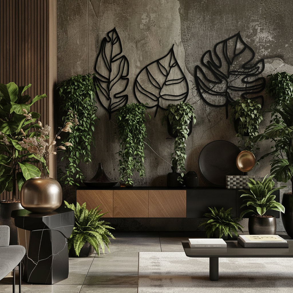 Geometric Leaf Trio Wall Art in lush jungle-styled interior
