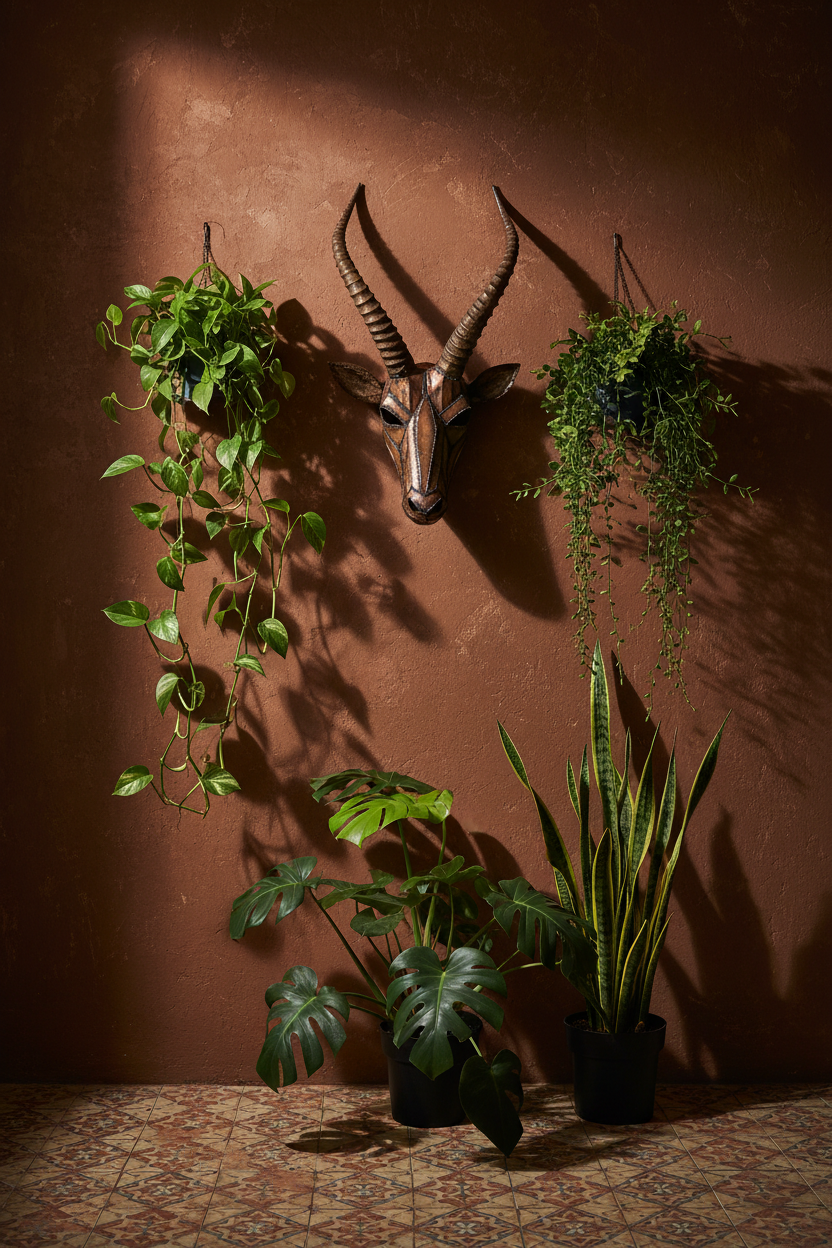Sable antelope tin mask mounted on a dark wall surrounded by hanging and floor plants on a tile floor