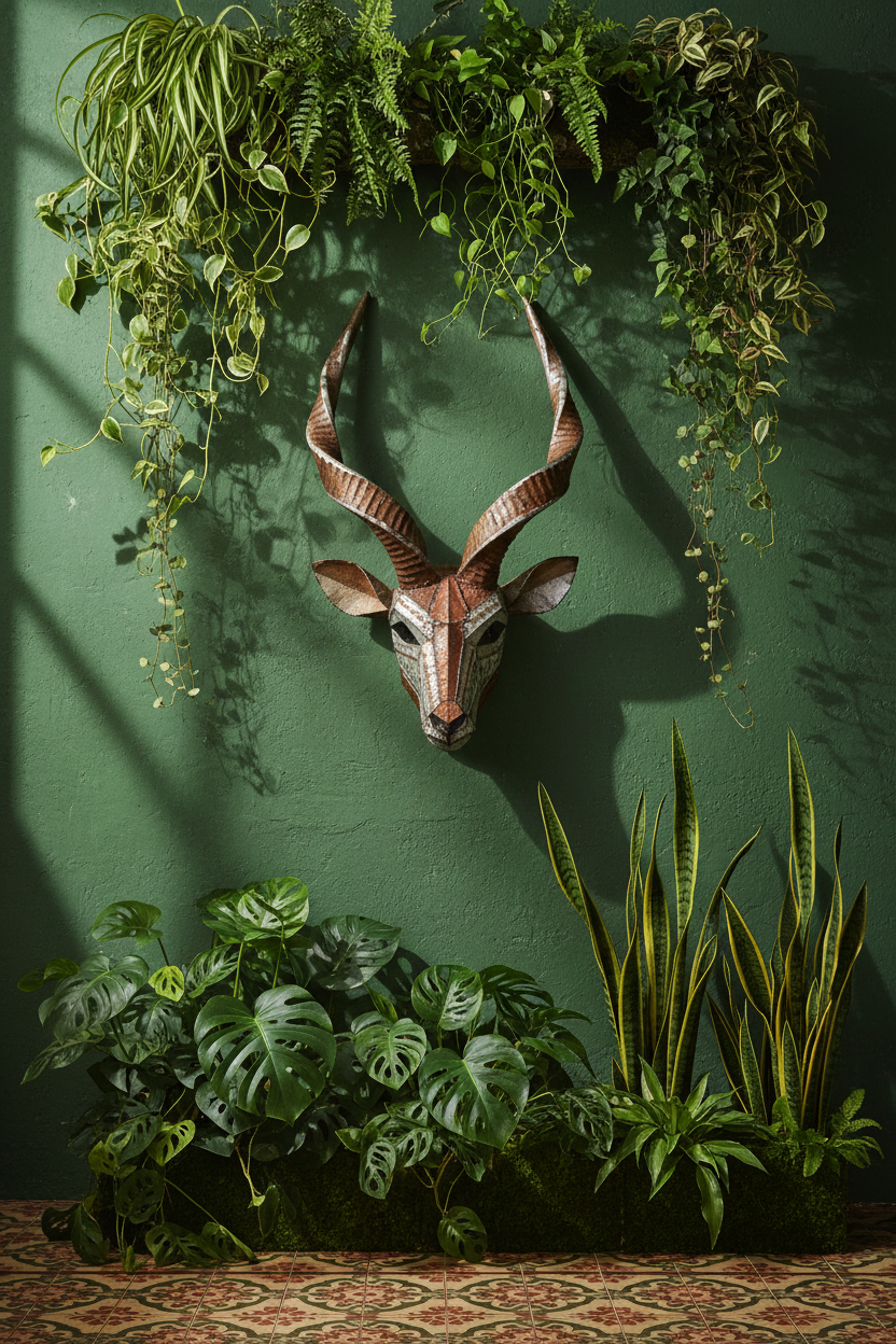 Kudu tin mask mounted on a forest green wall surrounded by hanging and floor plants on a tile floor