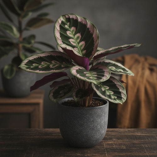Calathea Purple Rose in a dark ceramic pot with dramatic pink and green foliage