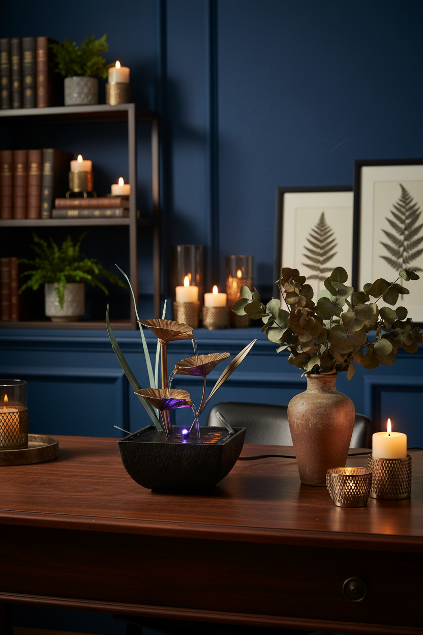Bronze lotus leaf desktop water fountain styled on a dark walnut desk with candlelight and eucalyptus in a moody botanical home office