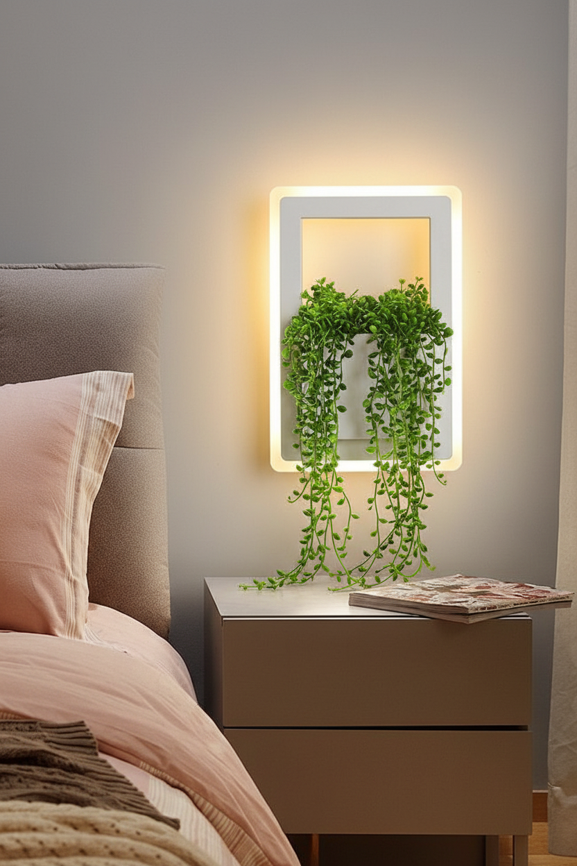 Plant LED Wall Sconce with lush trailing plant cascading over glowing light
