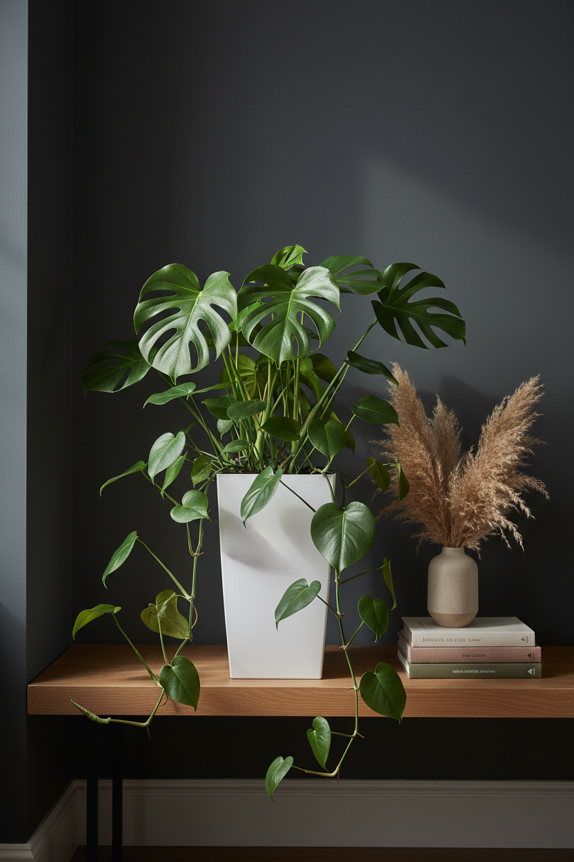 Modern rectangular white resin planter styled on a wooden shelf with trailing plants in a moody botanical living room
