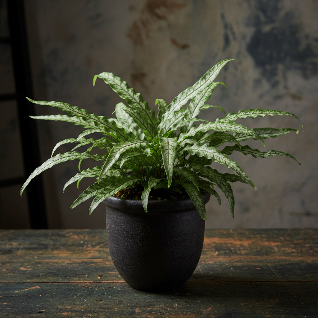 Pteris Cretica Albo Fern silver ribbon fern in a dark ceramic pot