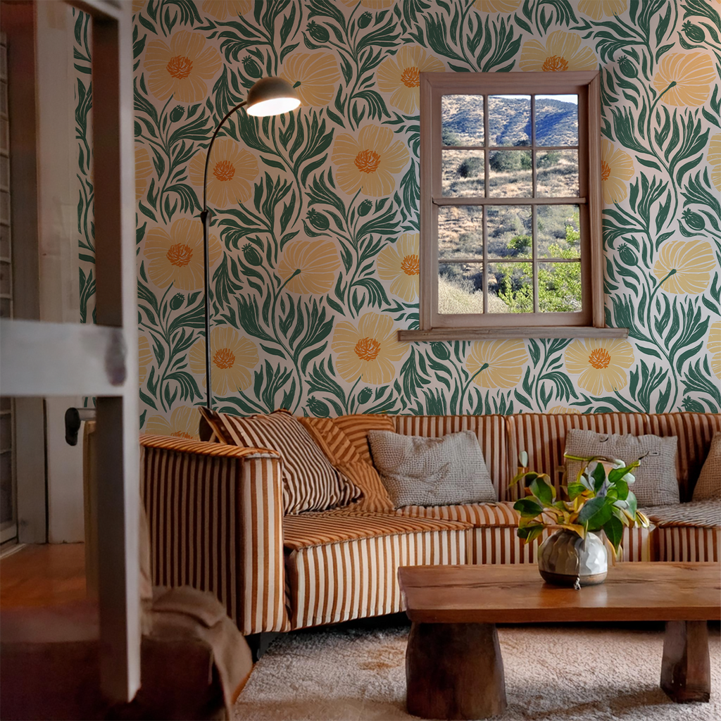 Matilija Wallpaper, white, teal and peach