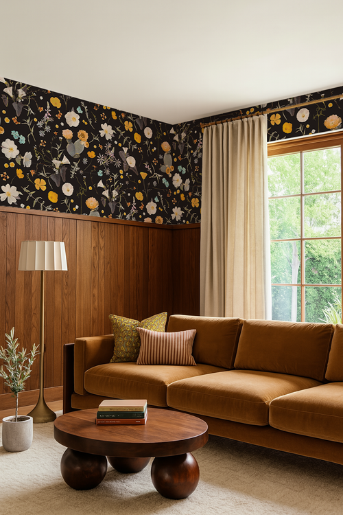 California Native Wildflower Wallpaper – Moody Botanical Wall Mural in Black & Multicolor | The Tangled Leaf