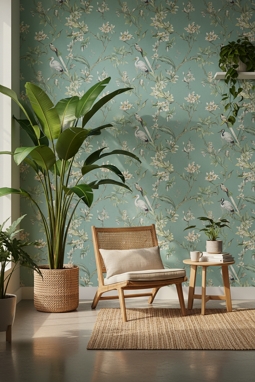 Mangrove tropical wallpaper in sage blue-green with illustrated herons cranes and cockatoos styled with a bird of paradise plant in a warm curated interior