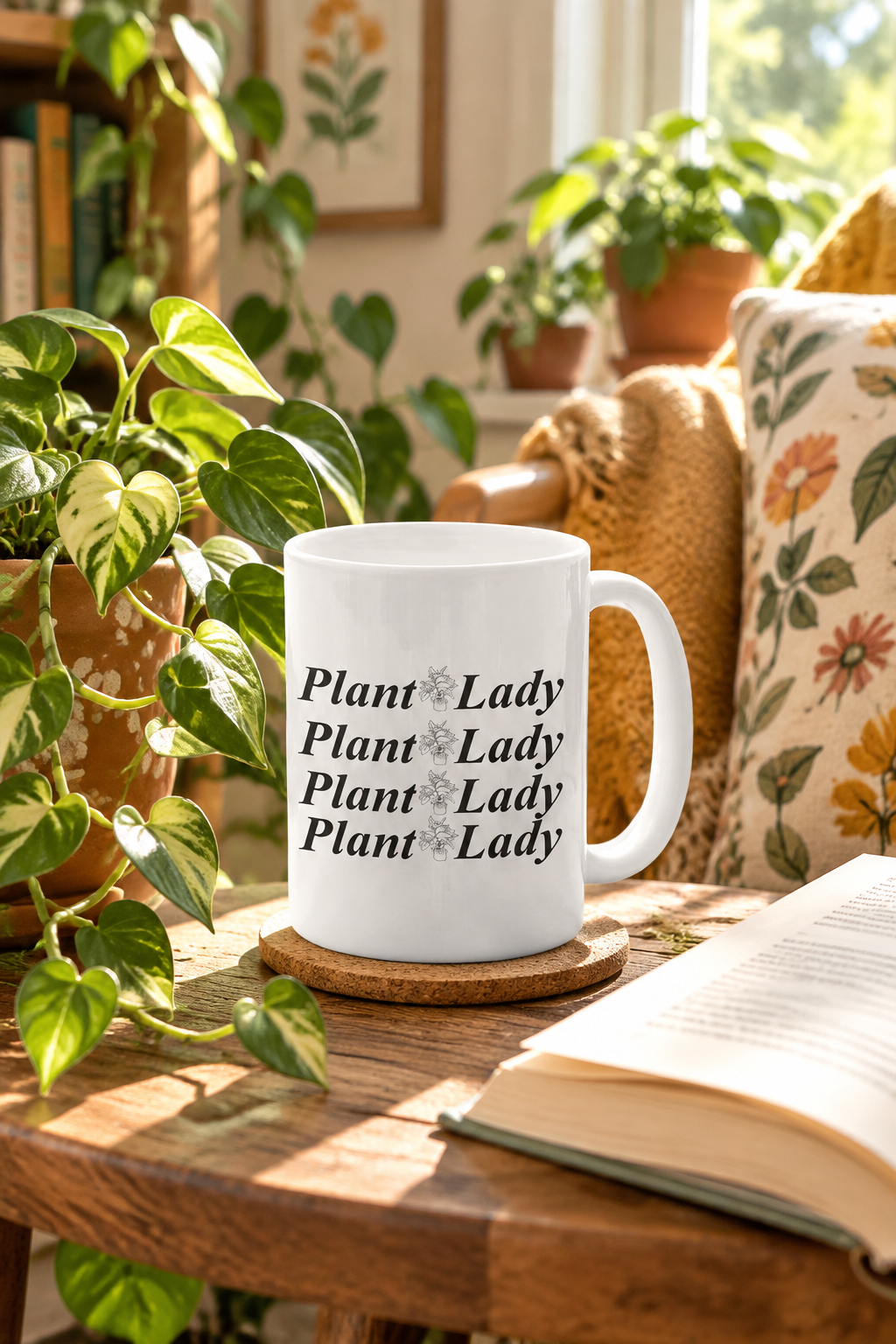Plant Lady Mug in a plant-filled reading nook