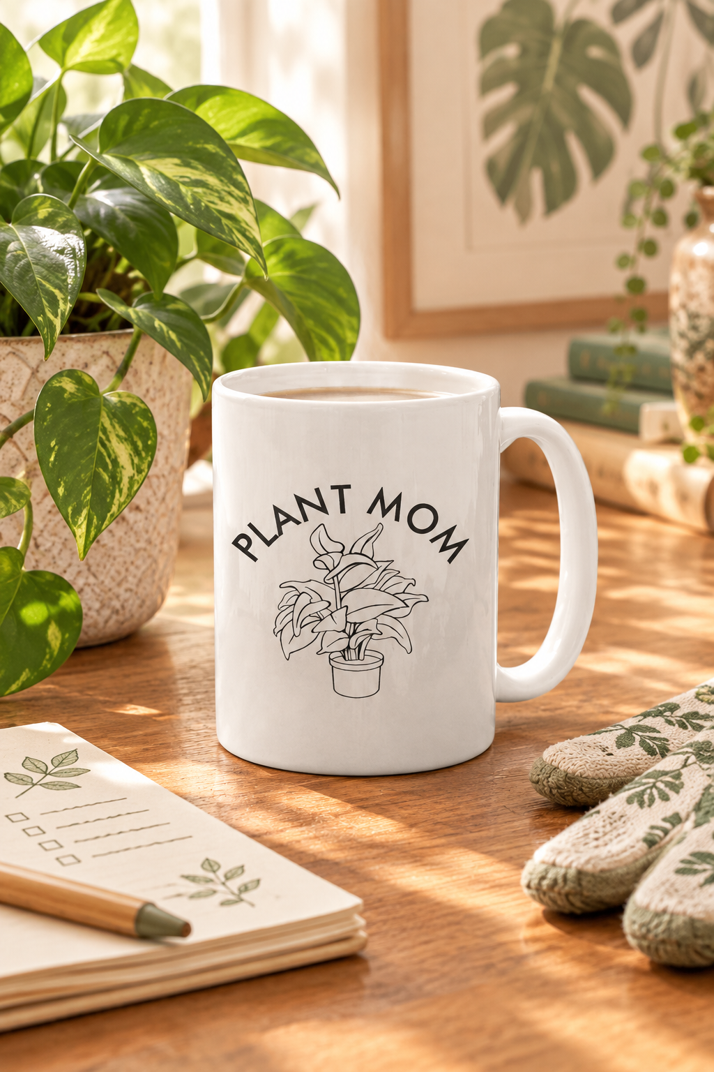 Plant Mom Mug in a botanical desk scene