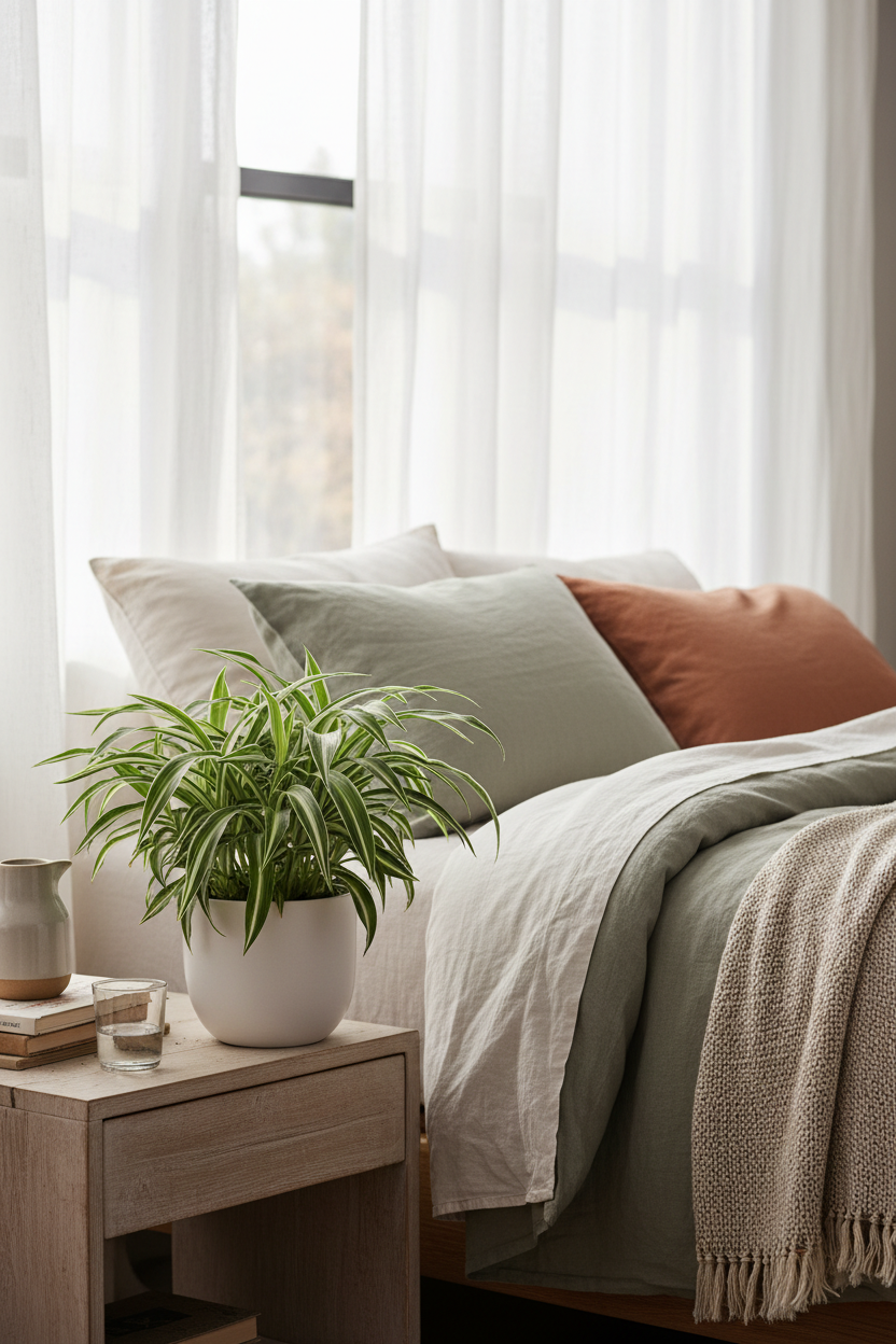 Reverse Spider Plant in a white pot on a bedroom nightstand beside a linen bed and sheer curtains in a calm neutral interior