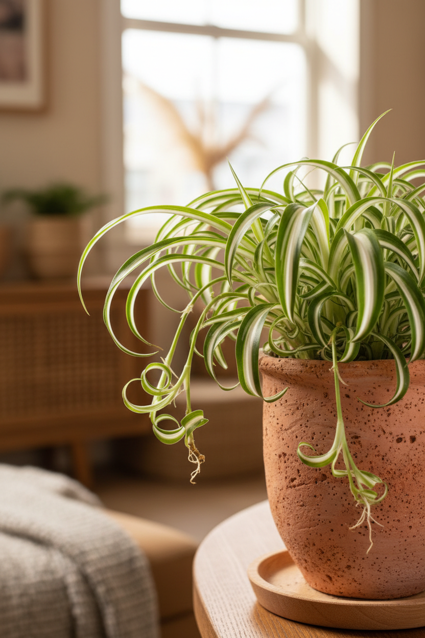 Reverse Spider Plant with curling variegated leaves cascading from a terracotta pot on a wooden table in a warm sunlit interior