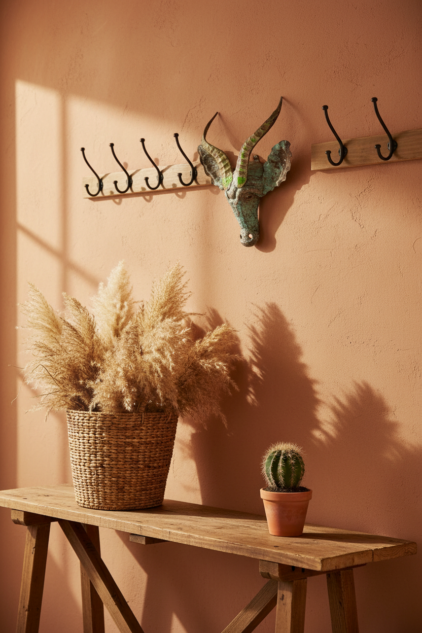 Springbok recycled tin wall sculpture styled in a warm terracotta entryway with pampas grass and potted cactus — African-inspired statement wall decor