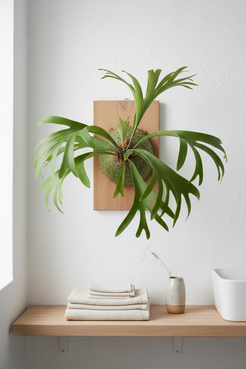 A green staghorn plant mounted on a rectangular wooden board, displayed on a white wall above a light wood shelf with folded towels, a small vase, and a white container.
