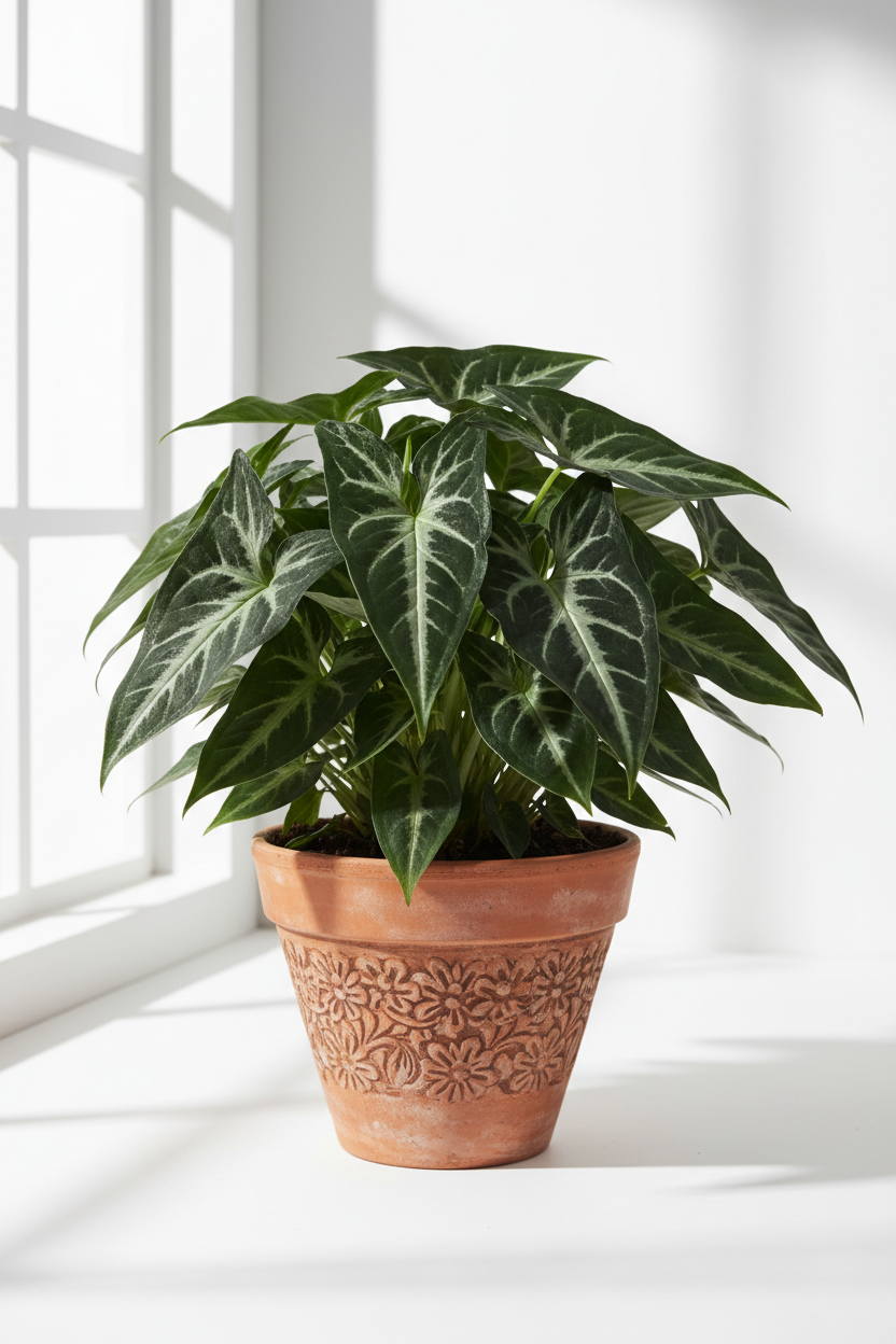 Syngonium wendlandii Black Velvet with deep dark green arrowhead leaves marked by striking silver-white veining, in a decorative terracotta pot with embossed floral detail, on a bright windowsill